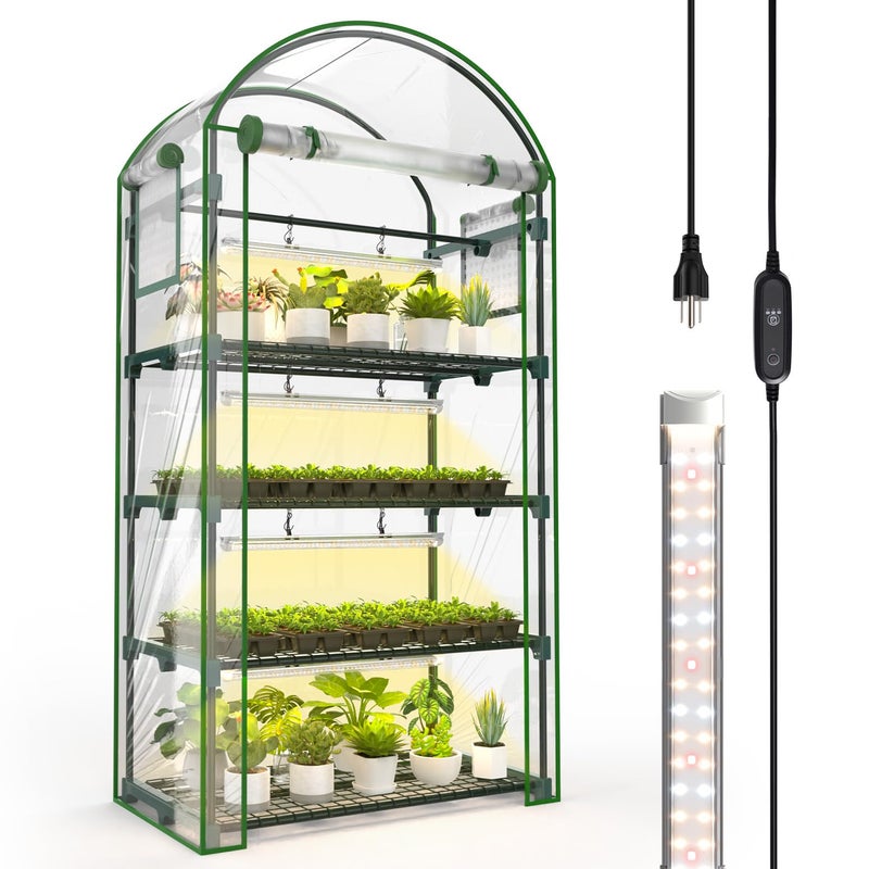 Bstrip Indoor Greenhouse with Grow Light, 4-Tier Mini Green House, 4Pcs Grow Lights for Indoor Plants with Timer, Zippered PVC Grow Tent with Airflow Windows, Indoor Greenhouse Cabinet 35x19.3x63in - Image 1
