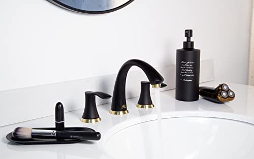 Lava Odoro Black and Gold Bathroom Faucet 3 Hole, Lava Odoro 8 inch Widespread Bathroom Faucet 2 Handle Bathroom Sink Faucet Vanity Faucet with Drain Assembly Supply Line, BF405-GB - Image 3