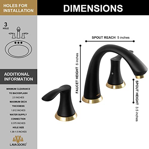 Lava Odoro Black and Gold Bathroom Faucet 3 Hole, Lava Odoro 8 inch Widespread Bathroom Faucet 2 Handle Bathroom Sink Faucet Vanity Faucet with Drain Assembly Supply Line, BF405-GB - Image 4