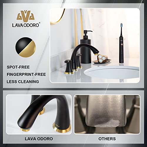 Lava Odoro Black and Gold Bathroom Faucet 3 Hole, Lava Odoro 8 inch Widespread Bathroom Faucet 2 Handle Bathroom Sink Faucet Vanity Faucet with Drain Assembly Supply Line, BF405-GB - Image 5
