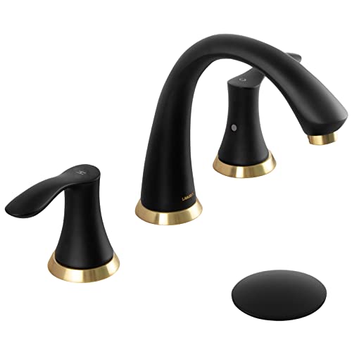 Lava Odoro Black and Gold Bathroom Faucet 3 Hole, Lava Odoro 8 inch Widespread Bathroom Faucet 2 Handle Bathroom Sink Faucet Vanity Faucet with Drain Assembly Supply Line, BF405-GB - Image 1