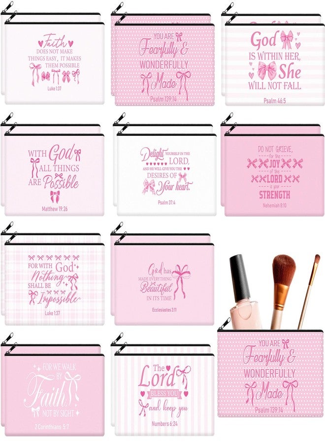 Reginary 20 Pieces Pink Christian Cosmetic Bags Bulk for Women Christmas Coquette Bow Religious Makeup Bags Gifts with Zipper Christian Pouch Toiletry Inspirational Church Party Gifts, 7 x 4.3 Inches - Image 1