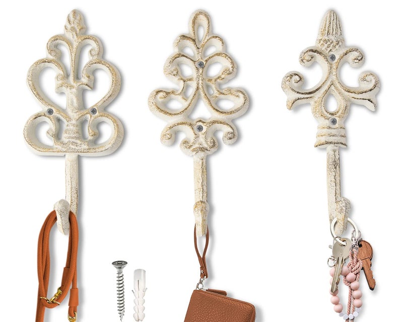 Comfify Shabby Chic Decorative Wall Hooks - Set of 3 - Cast Iron French Country Wall Decor - Farmhouse Hangers for Coats, Purses and More - Rustic White - Image 1