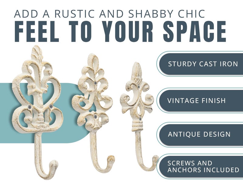 Comfify Shabby Chic Decorative Wall Hooks - Set of 3 - Cast Iron French Country Wall Decor - Farmhouse Hangers for Coats, Purses and More - Rustic White - Image 2