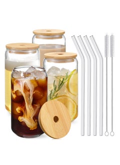 Drinking Glasses with Bamboo Lids and Glass Straw 4pcs Set 16oz Can Shaped Cups Drink Iced Coffee Cute Tumbler Cup Ideal for Brithday Gift