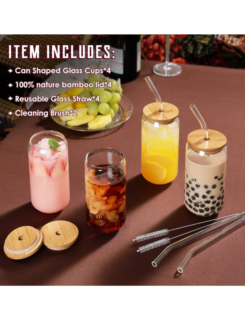 KASTWAVE - Drinking Glasses with Bamboo Lids and Glass Straw 4pcs Set 16oz Can Shaped Cups Drink Iced Coffee Cute Tumbler Cup Ideal for Brithday Gift - Image 1