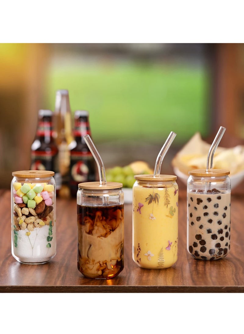 KASTWAVE - Drinking Glasses with Bamboo Lids and Glass Straw 4pcs Set 16oz Can Shaped Cups Drink Iced Coffee Cute Tumbler Cup Ideal for Brithday Gift - Image 1