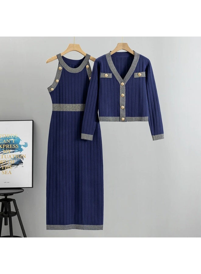 general Womens Sets Korean Knitted Cardigan Sleeveless Dress Two-Piece Set V-Neck Dress Sets - Image 1
