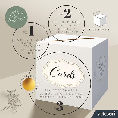 ARTESORI White Wedding Card Box - Cards Stickers & Large Box Slot, Gift Card Box for Wedding Cards At Reception, Birthday, Baby Shower, Graduation Box Party, Raffle, Money Boxes Holder - 8x8 - Image 3