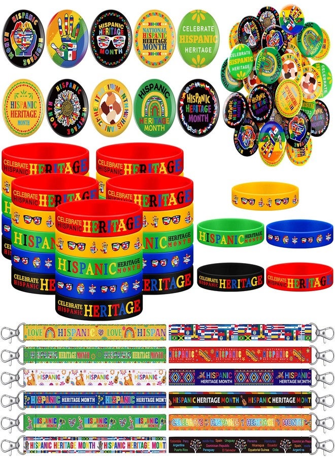 Quelay 72 Pcs Hispanic Heritage Month Party Favors Bulks Included 24 Hispanic Rubber Bracelets 24 Buttons Badges Round Button Pins 24 Lanyard Keychains Gifts Bulk for Festival Accessory Party Decor - Image 1