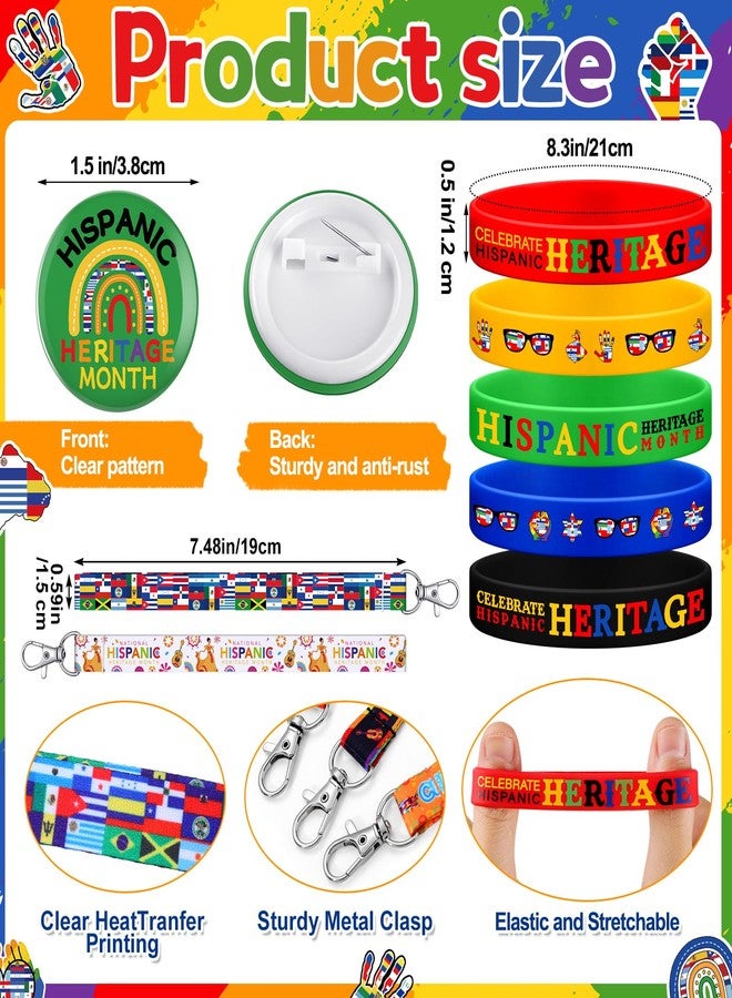 Quelay 72 Pcs Hispanic Heritage Month Party Favors Bulks Included 24 Hispanic Rubber Bracelets 24 Buttons Badges Round Button Pins 24 Lanyard Keychains Gifts Bulk for Festival Accessory Party Decor - Image 2