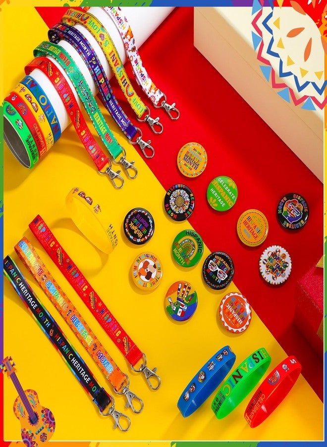 Quelay 72 Pcs Hispanic Heritage Month Party Favors Bulks Included 24 Hispanic Rubber Bracelets 24 Buttons Badges Round Button Pins 24 Lanyard Keychains Gifts Bulk for Festival Accessory Party Decor - Image 3