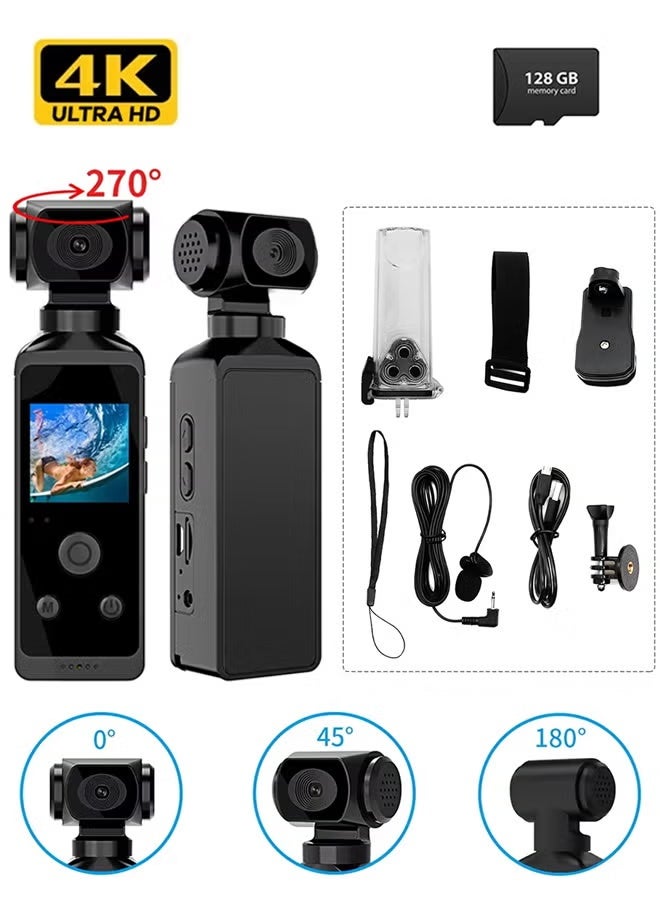 4K HD Camera, 270° Rotatable Large Wide Angle, Included 128G Card, 30m/98ft Underwater Camera with & Microphone for Outdoor Riding Diving Shooting Vlog , 1000mAh Rechargeable