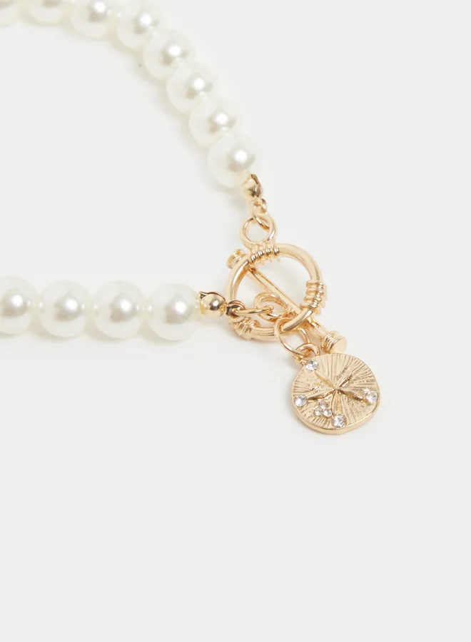 White Pearl Beaded Bracelet with Gold Charm