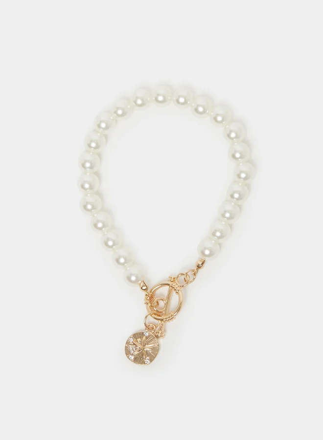 Styli White Pearl Beaded Bracelet with Gold Charm