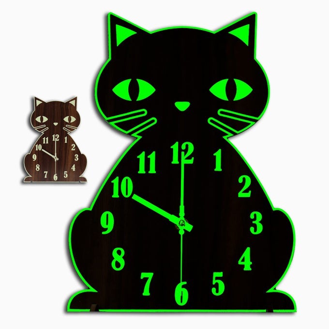 CAT WALL CLOCK GLOW IN THE DARK SILENT LUMINOUS CLOCK FOR BEDROOM LIVING ROOM HOME DECOR GIFTS FOR CAT LOVERS KIDS WOOD BROWN