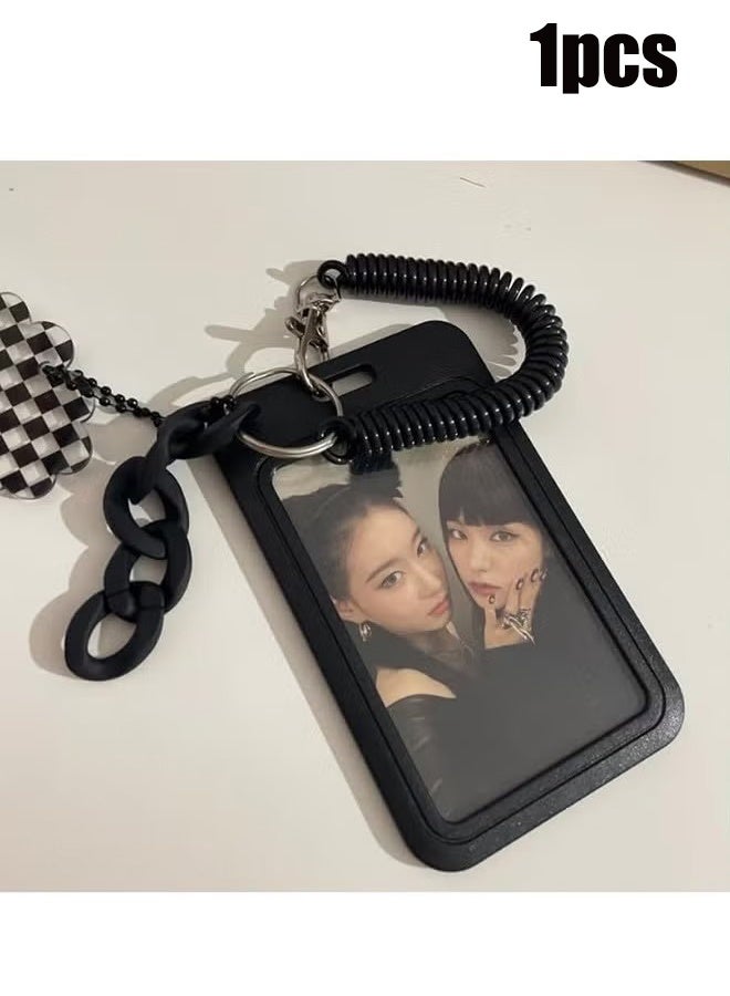 واي جيه حامل بطاقة ضوئية أكريليك حامل بطاقة هوية سلسلة المفاتيح مع ملف المعصم الحلزوني بطاقة شفافة واقية من الماء لوصول النساء إلى المكتب المدرسي (سوداء) - Image 1