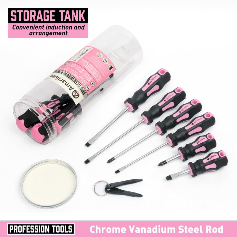 Amartisan 10-Piece Magnetic Screwdrivers Set, 5 Phillips and 5 Slotted Tips Professional Cushion Grip Screwdriver Set 2pcs Portable Multifunction Key Mini Screwdriver (Pink) - Image 3