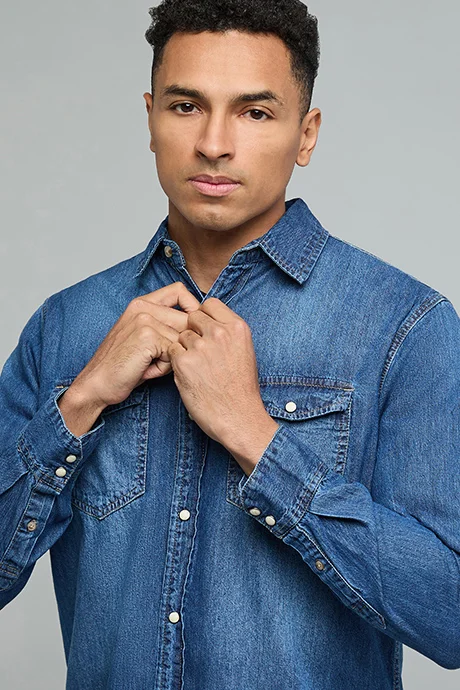 أر أند بي Faded Denim Shirt with Classic Collar and Long Sleeves