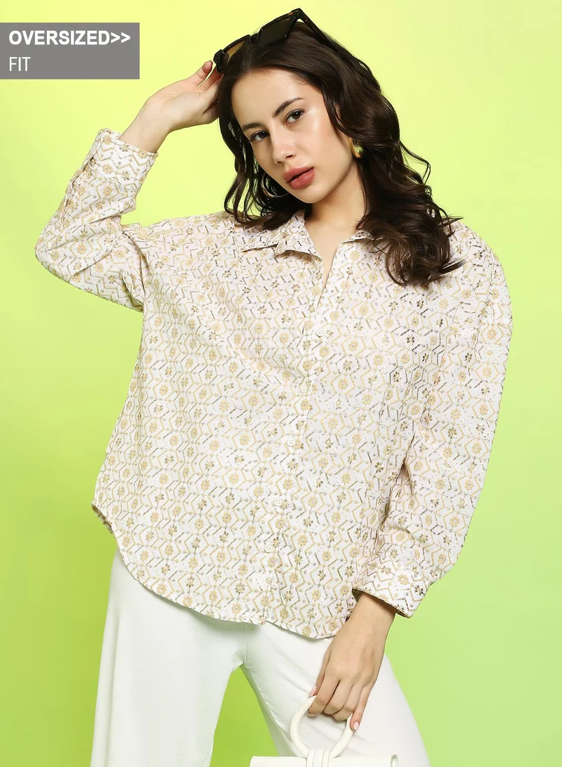 Campus Sutra Campus Sutra Women's Off-White:Buff Beige Embroidered Geometric Oversized Shirt For Casual Wear | Spread Collar | Long Cuffed Sleeves | Button Closure | Oversized Shirt Crafted With Comfort Fit For Everyday Wear