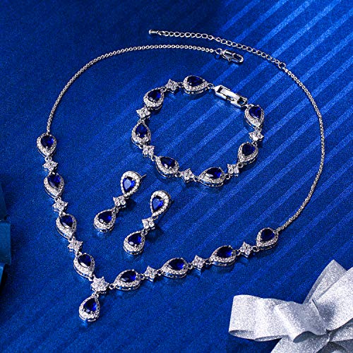 EleQueen Women's Silver-Tone Cubic Zirconia Teardrop Flower Bridal V-Necklace Sets Tennis Bracelet Dangle Earrings Sapphire Color - Image 4