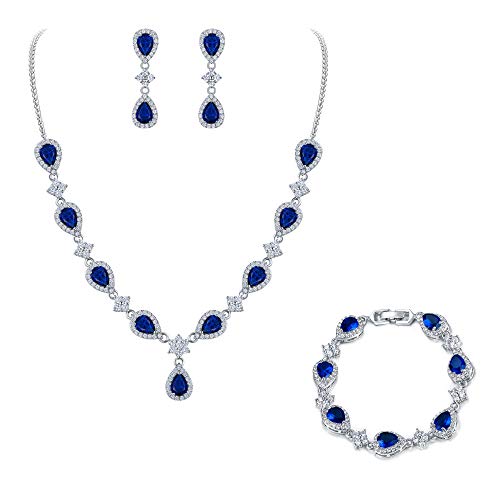 EleQueen Women's Silver-Tone Cubic Zirconia Teardrop Flower Bridal V-Necklace Sets Tennis Bracelet Dangle Earrings Sapphire Color - Image 1