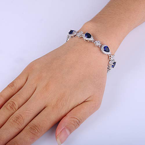 EleQueen Women's Silver-Tone Cubic Zirconia Teardrop Flower Bridal V-Necklace Sets Tennis Bracelet Dangle Earrings Sapphire Color - Image 3
