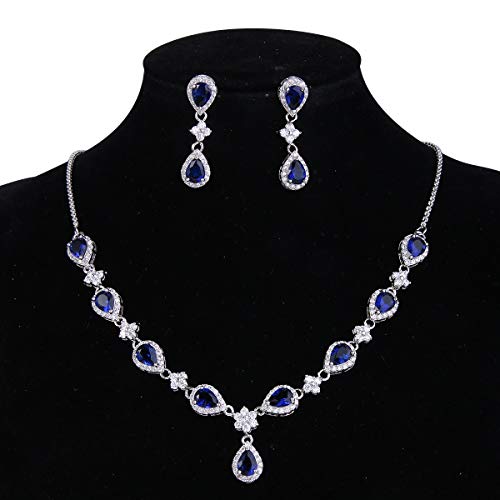 EleQueen Women's Silver-Tone Cubic Zirconia Teardrop Flower Bridal V-Necklace Sets Tennis Bracelet Dangle Earrings Sapphire Color - Image 5