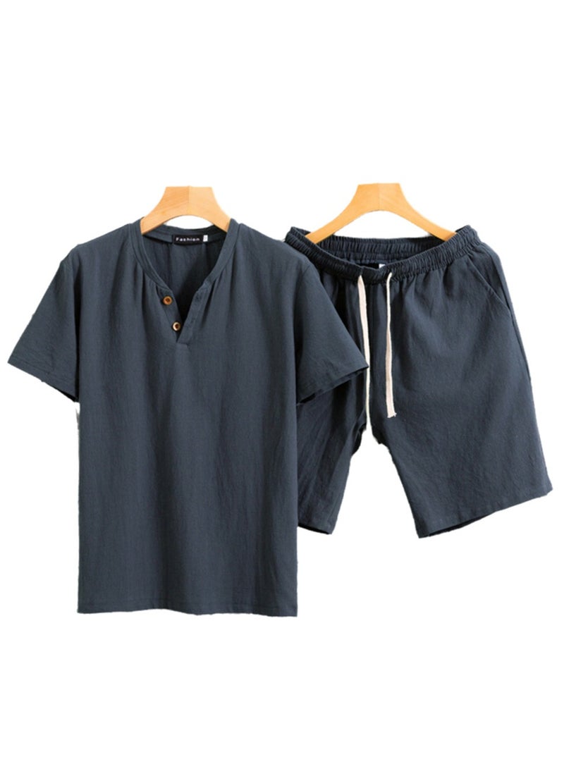 Men's short-sleeved shorts suit summer cotton linen solid color men's T-shirt two-piece suit - Image 1