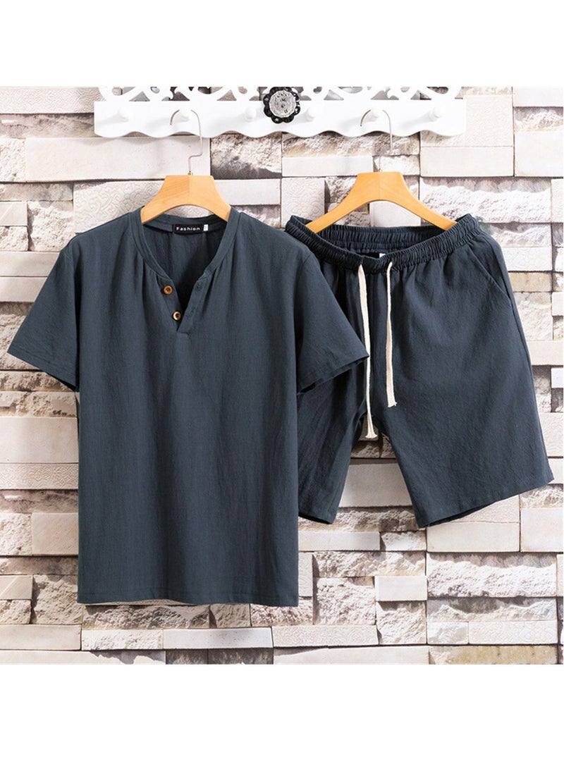 Men's short-sleeved shorts suit summer cotton linen solid color men's T-shirt two-piece suit - Image 3