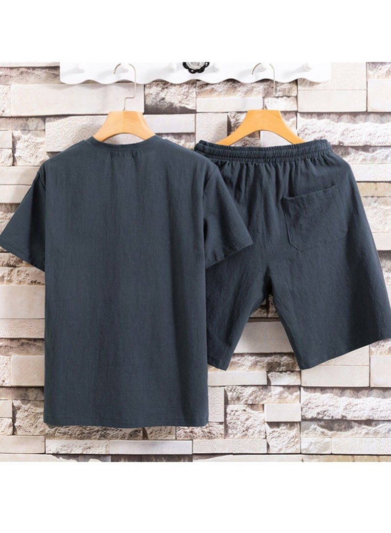 Men's short-sleeved shorts suit summer cotton linen solid color men's T-shirt two-piece suit - Image 5