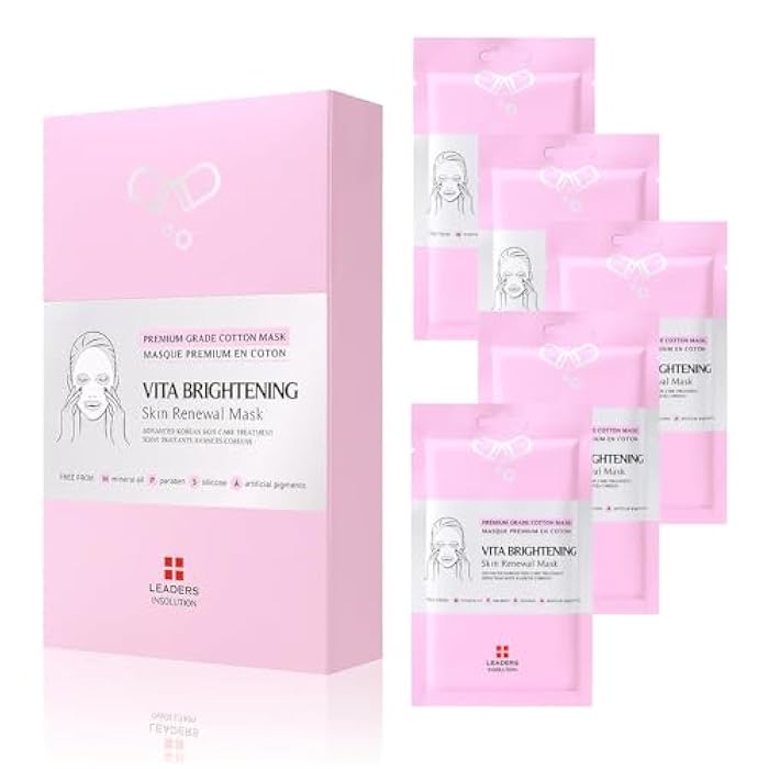 Leaders Insolution VITA Brightening Skin Renewal Mask | Vitamin C & Niacinamide for Dark Spot Reduction and Luminous Glow | 100% Natural Cotton Sheet for Dull Skin (5 Sheets) - Image 1
