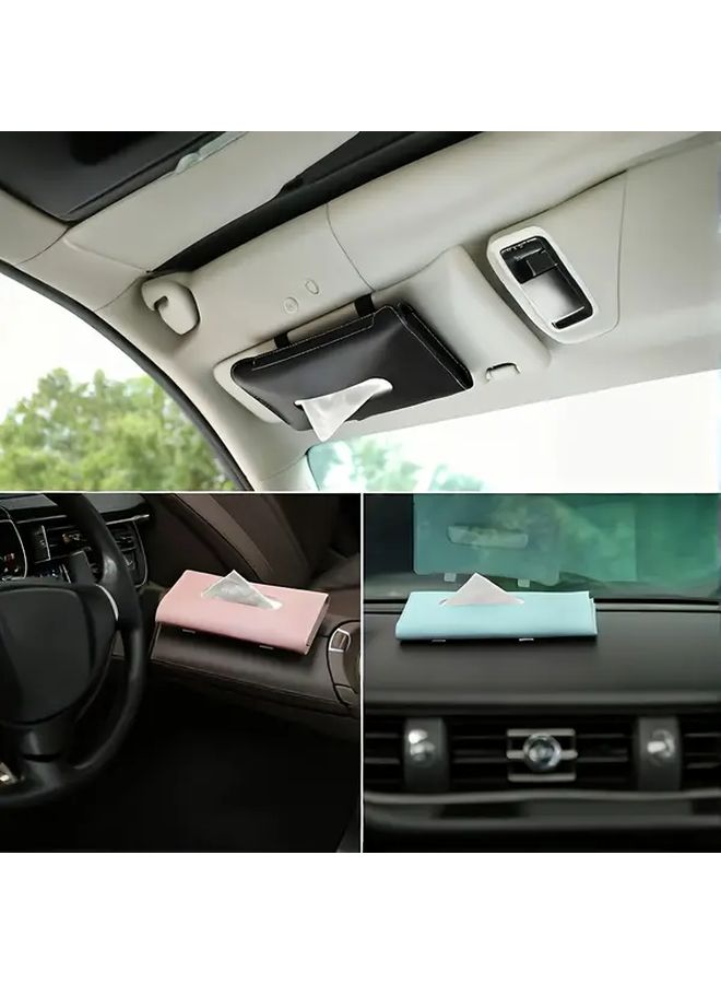 Light Blue PU Leather Car Tissue Box Holder And Sunshade Organizer With Storage Bag - Image 4
