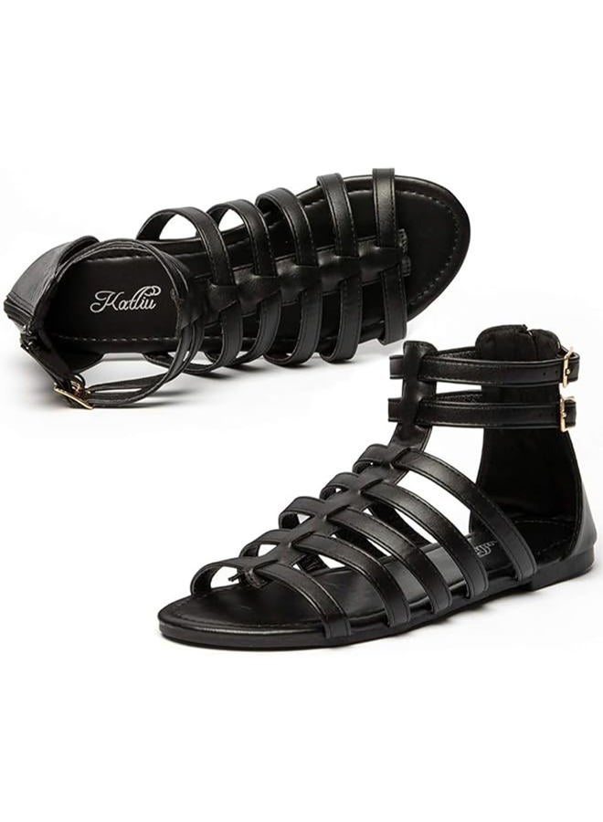 katliu Women's Gladiator Sandal Flat Strap Sandals Two Ankle Buckle, Black, 9 - Image 1