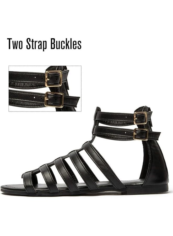 katliu Women's Gladiator Sandal Flat Strap Sandals Two Ankle Buckle, Black, 9 - Image 3