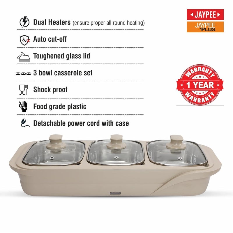 JAYPEE PLUS طبق شافينغ من جايبي بلس سعة 1000 مل من الفولاذ المقاوم للصدأ مقاوم للصدمات ومضاد للصدأ مع ميزة الإيقاف التلقائي 3 في 1 وعاء كهربائي لتسخين الطعام لتقديم البوفيه باللون البيج - Image 2