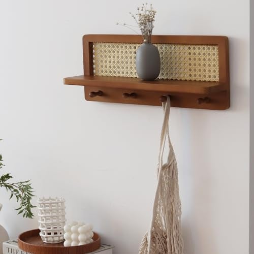 FRIADE PE Rattan Coat Rack Shelf Wall Mounted with 4 Hooks, Decorative Coat Hook Rack with Floating Shelf for Entryway, Nursery, Mudroom, Hallway, Kitchen, Office (Retro Brown) - Image 4