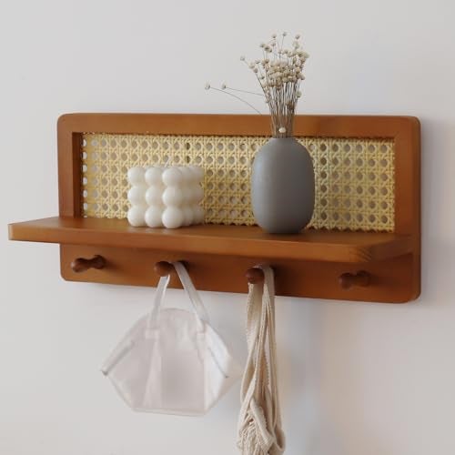 FRIADE PE Rattan Coat Rack Shelf Wall Mounted with 4 Hooks, Decorative Coat Hook Rack with Floating Shelf for Entryway, Nursery, Mudroom, Hallway, Kitchen, Office (Retro Brown) - Image 2