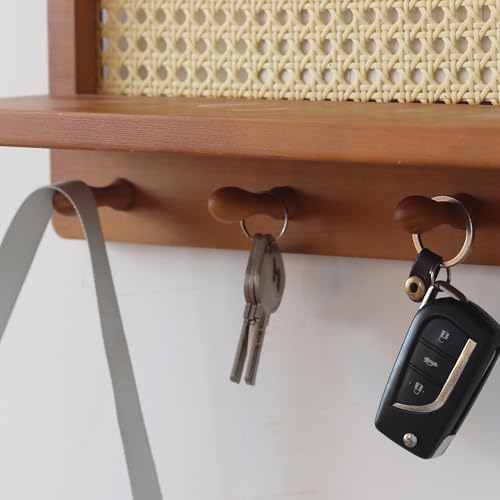 FRIADE PE Rattan Coat Rack Shelf Wall Mounted with 4 Hooks, Decorative Coat Hook Rack with Floating Shelf for Entryway, Nursery, Mudroom, Hallway, Kitchen, Office (Retro Brown) - Image 3