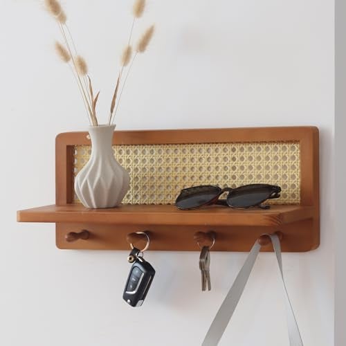 FRIADE PE Rattan Coat Rack Shelf Wall Mounted with 4 Hooks, Decorative Coat Hook Rack with Floating Shelf for Entryway, Nursery, Mudroom, Hallway, Kitchen, Office (Retro Brown) - Image 1