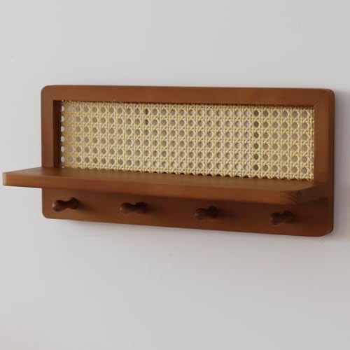 FRIADE PE Rattan Coat Rack Shelf Wall Mounted with 4 Hooks, Decorative Coat Hook Rack with Floating Shelf for Entryway, Nursery, Mudroom, Hallway, Kitchen, Office (Retro Brown) - Image 5