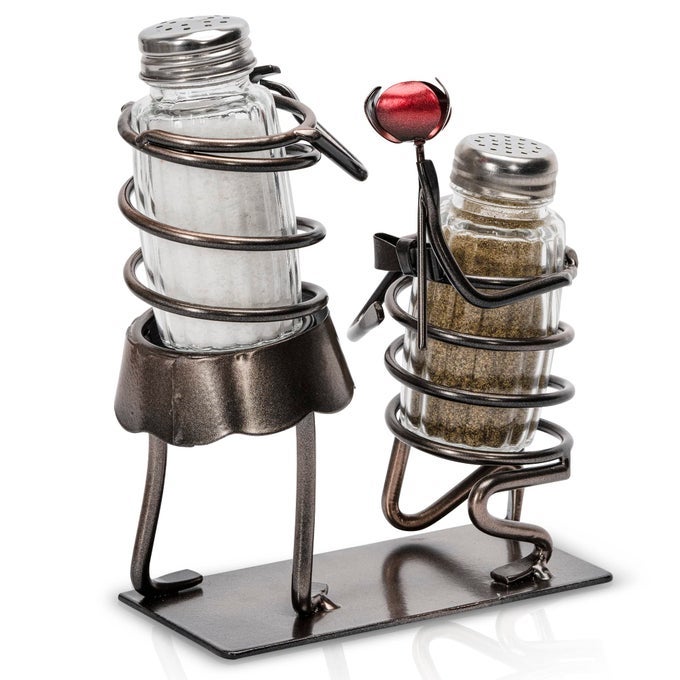 SALT AND PEPPER COUPLE GLASS SHAKER SET AND RACK INCLUDES 2 SPICE JARS COUPLE ROSE
