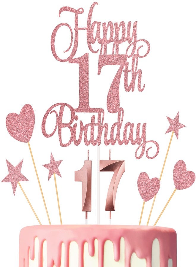 Lecferrarc 17th Birthday Cake Decorations, 17th Birthday Candles Cake Numeral Candles and Glitter Happy 17th Birthday Cake Toppers Set for Birthday Party Supplies (Rose Gold) - Image 1