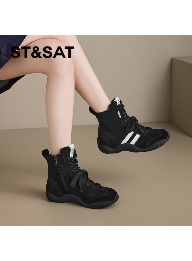St&Sat Saay Women's Black Leather Comfortable Versatile Vintage Derby Martin Boots Fashion Commuter Casual High-top Ankle Boots Size 37 - Image 1