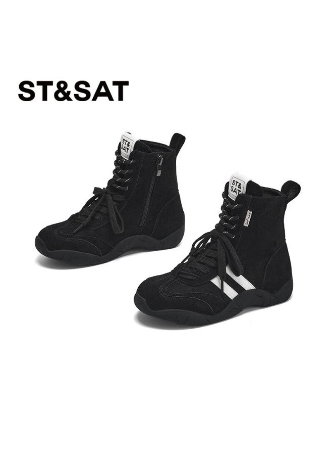 St&Sat Saay Women's Black Leather Comfortable Versatile Vintage Derby Martin Boots Fashion Commuter Casual High-top Ankle Boots Size 37 - Image 2