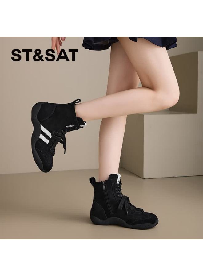 St&Sat Saay Women's Black Leather Comfortable Versatile Vintage Derby Martin Boots Fashion Commuter Casual High-top Ankle Boots Size 37 - Image 4