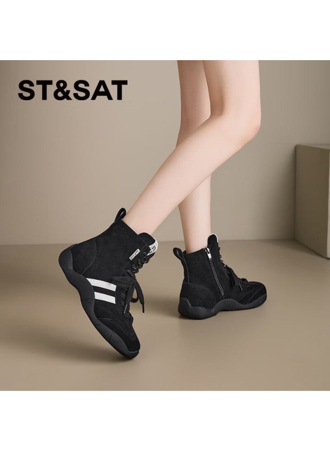 St&Sat Saay Women's Black Leather Comfortable Versatile Vintage Derby Martin Boots Fashion Commuter Casual High-top Ankle Boots Size 37 - Image 3