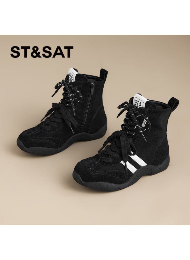 St&Sat Saay Women's Black Leather Comfortable Versatile Vintage Derby Martin Boots Fashion Commuter Casual High-top Ankle Boots Size 37 - Image 5