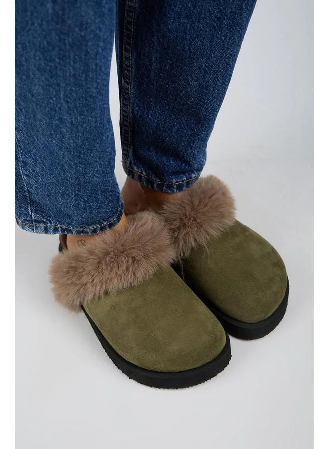 Manijero  Ruzqahi Fur-Trimmed Women's Genuine Leather Flat Platform Sabo Khaki Slippers. for Women | Best Price UAE