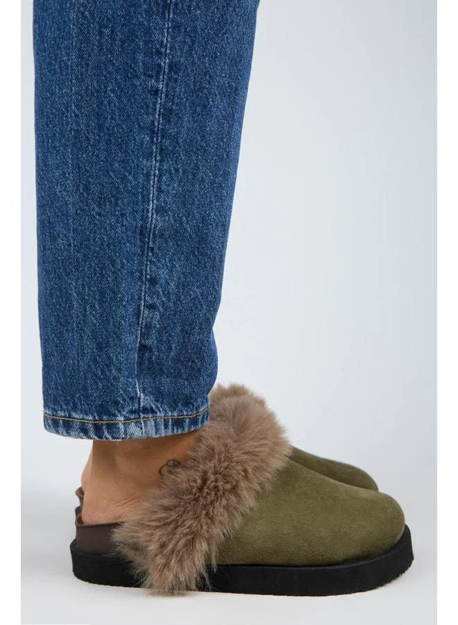 Ruzqahi Fur-Trimmed Women's Genuine Leather Flat Platform Sabo Khaki Slippers.